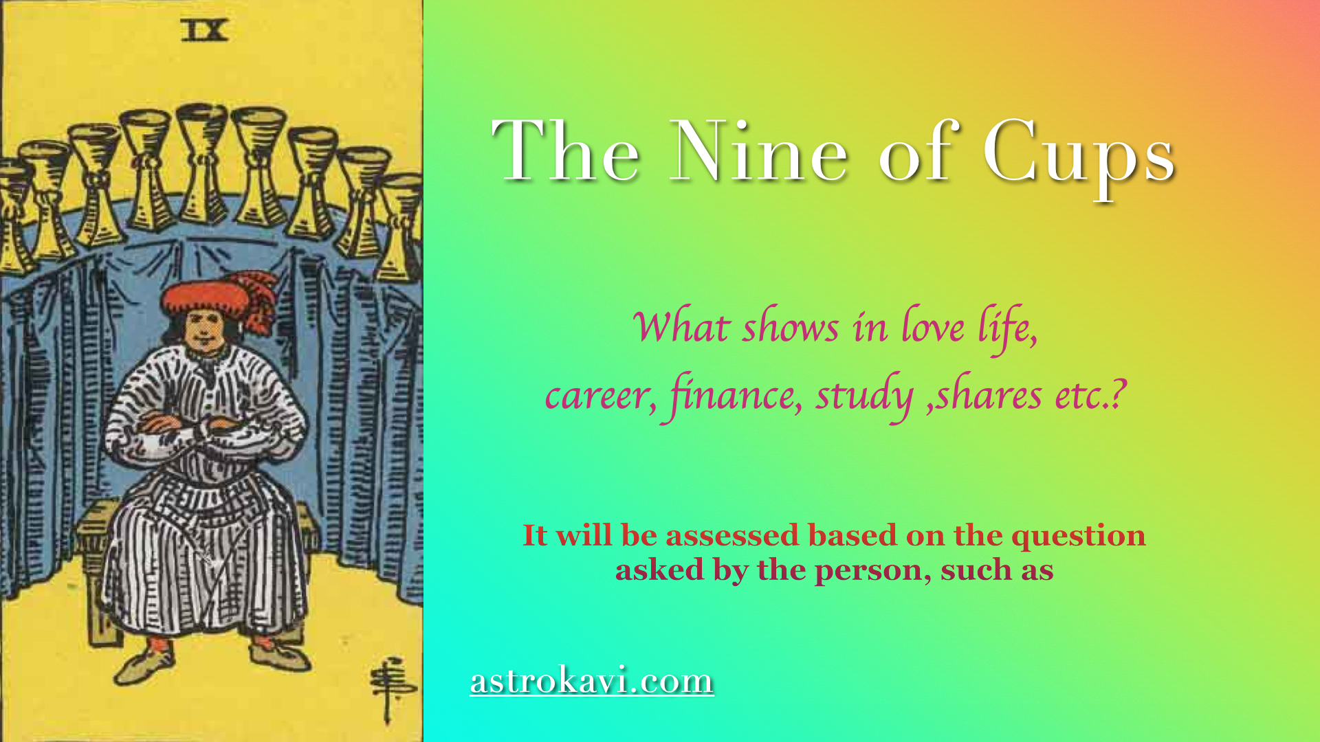 The Nine of Cups(Tarot cards and the Prashna chart provide quick insights.)